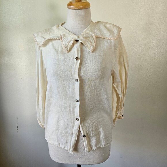 Vintage 90s Cullinane 100% Linen Sailor Collar Blouse Neck Bow Long Sleeve 6/S - Picture 1 of 9